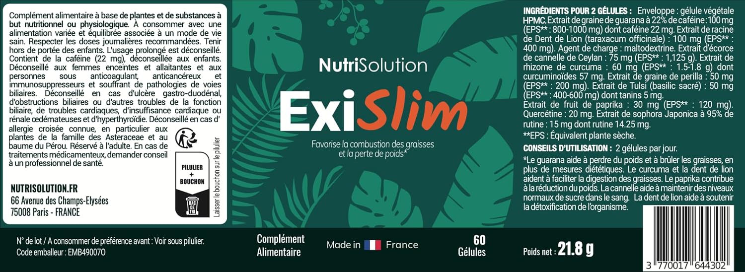 ExiSlim par Nutrisolution - Brûleur de Graisse Puissant - Contient Périlla, Curcuma, Végétalien - Soutien Perte de Poids - Homme & Femme - 60 Gélules (3)