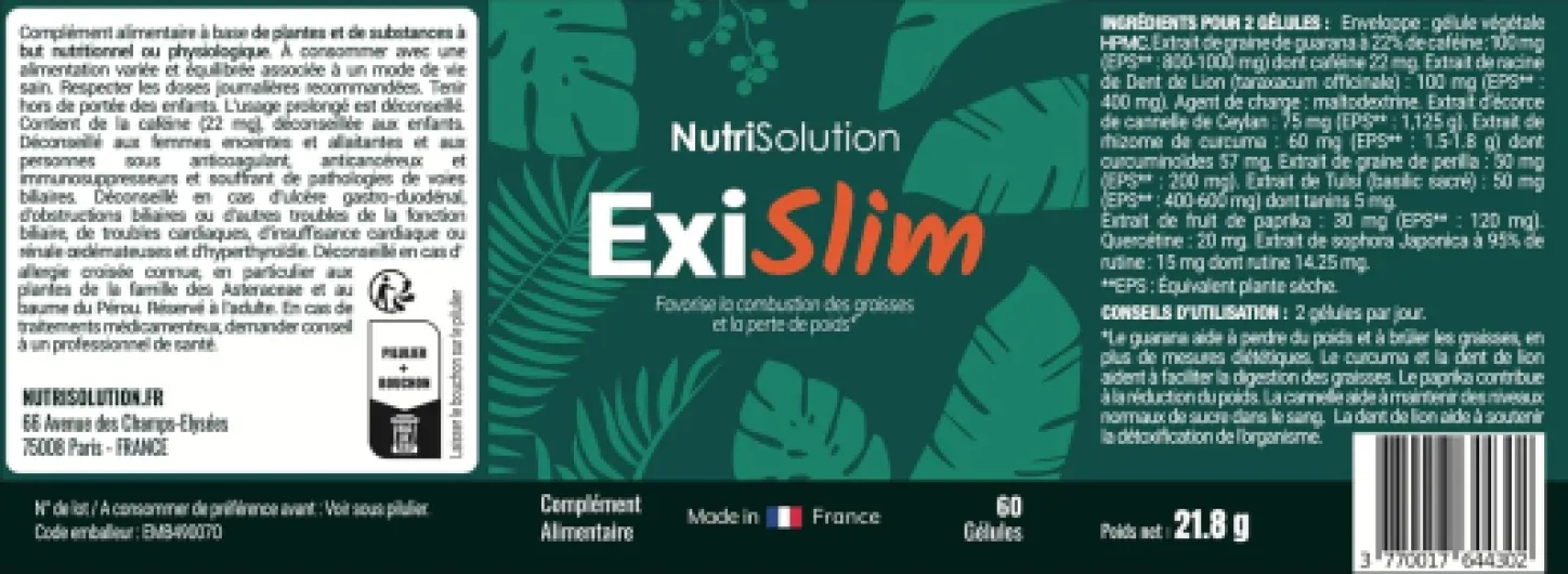 ExiSlim par Nutrisolution - Brûleur de Graisse Puissant - Contient Périlla, Curcuma, Végétalien - Soutien Perte de Poids - Homme & Femme - 60 Gélules (3)