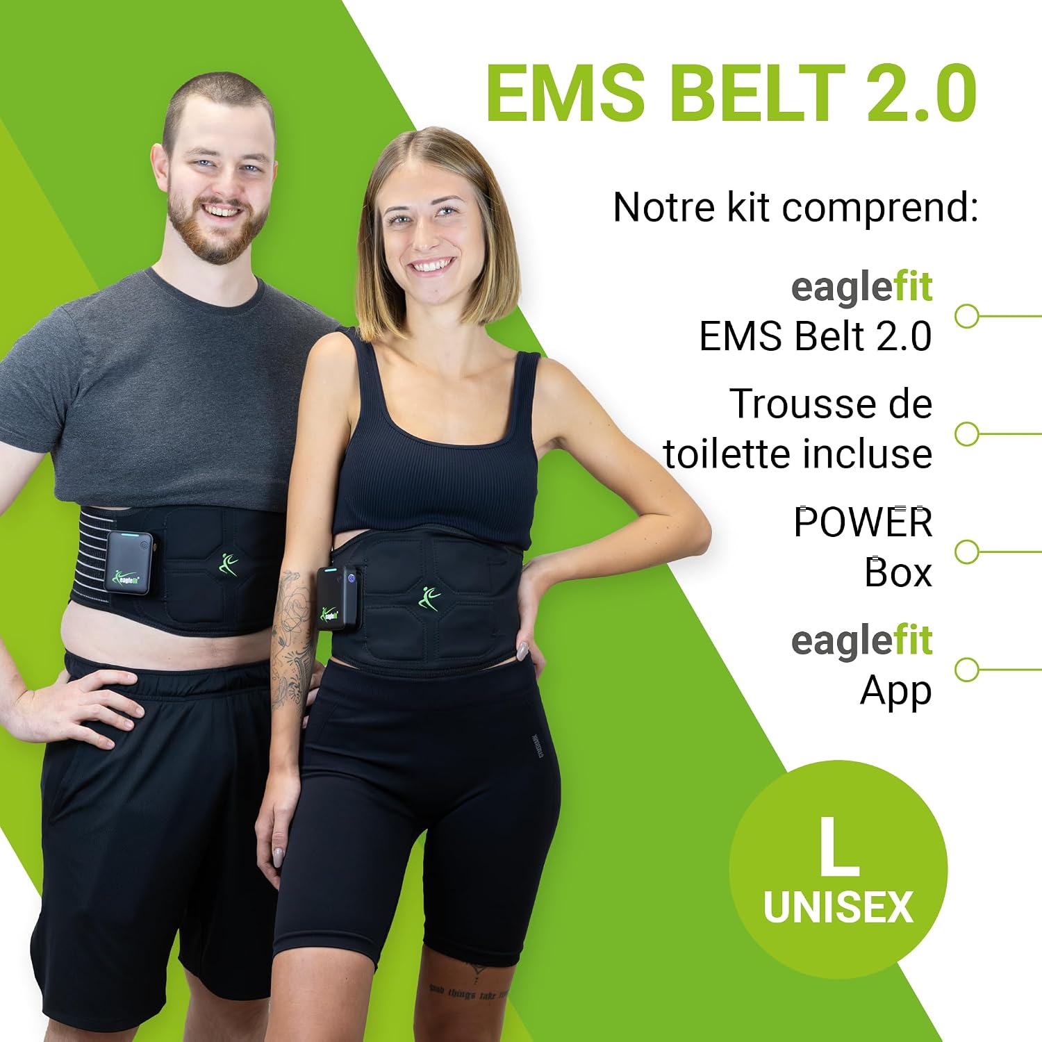 Eaglefit Premium EMS-Belt 2.0 Ceinture abdominale avec 6 électrodes – Ceinture de musculation et stimulation musculaire pour ventre et dos – entraîneur abdominal fitness – avec application et Powerbox L Noir
