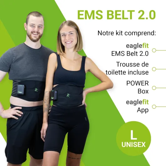 Eaglefit Premium EMS-Belt 2.0 Ceinture abdominale avec 6 électrodes – Ceinture de musculation et stimulation musculaire pour ventre et dos – entraîneur abdominal fitness – avec application et Powerbox L Noir