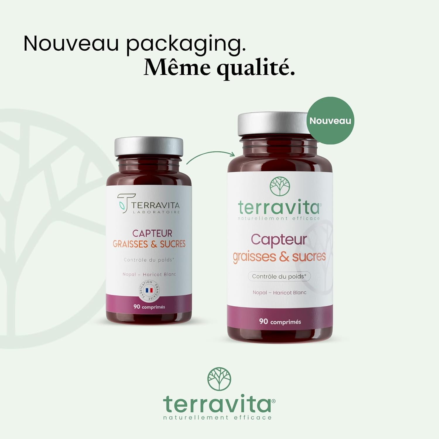 CAPTEUR GRAISSES ET SUCRES - 2 Actifs Naturels Brevetés pour la Minceur et la Perte de Poids - +27% d’élimination des Graisses - Idéal Avant un Repas Lourd - 90 comprimés - Made in France - Terravita