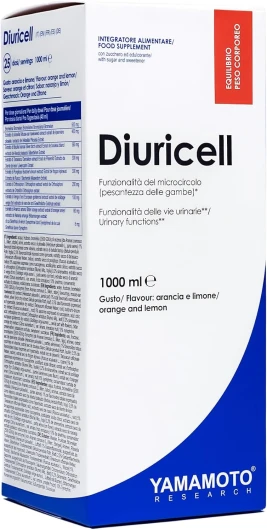 YAMAMOTO Research, Diuricell 1L, Supplément d'Extraits Végétaux Drainants, pour les Ballonnements, la Rétention d'Eau et l'Anti-Cellulite, Saveur Orange et Citron