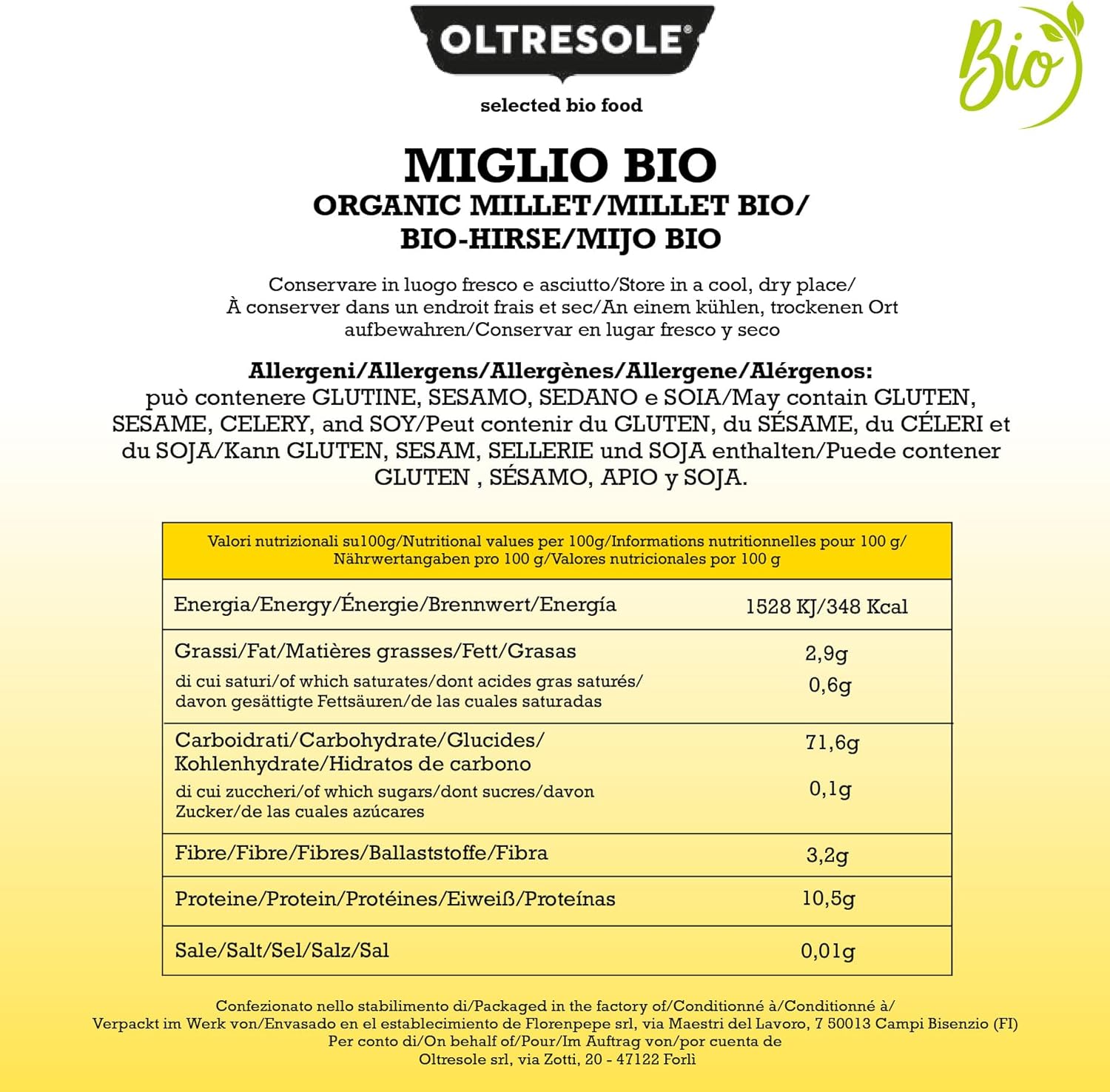Oltresole, Millet décortiqué biologique 5 kg, Céréale biologique riche en fibres et en minéraux, Millet jaune à usage alimentaire, Format pratique