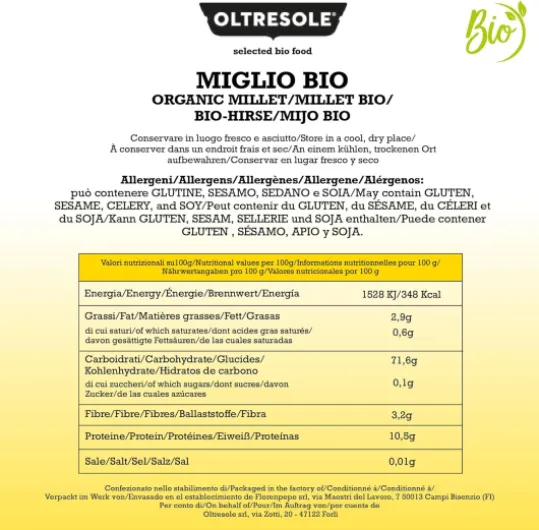 Oltresole, Millet décortiqué biologique 5 kg, Céréale biologique riche en fibres et en minéraux, Millet jaune à usage alimentaire, Format pratique