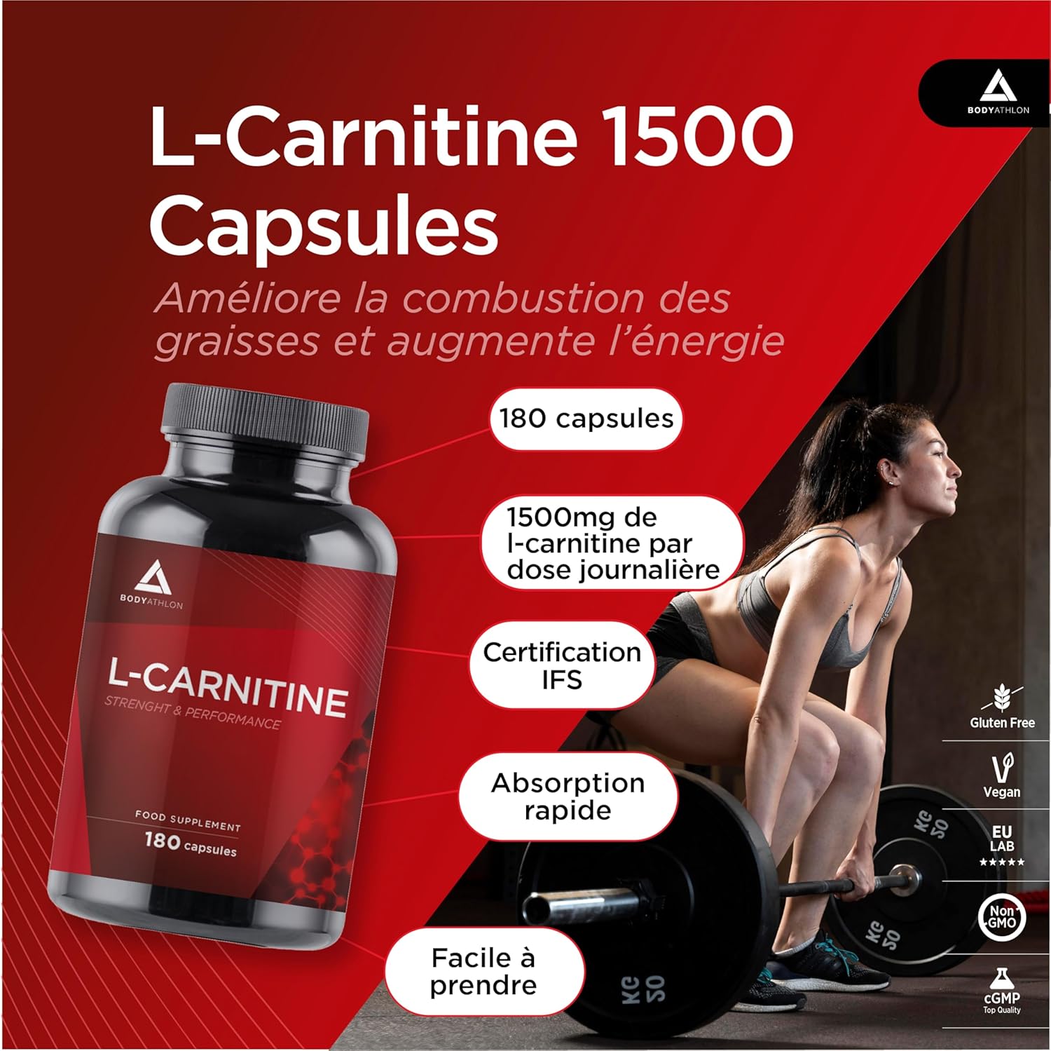 L-Carnitine Pure 1500mg Vegan- 180gelules pour 90jours– l carnitine bruleur de graisse extrême- Booster energetique- Améliore la performance dans le sport- Pré-entraînement- UE Certifié- Bodyathlon