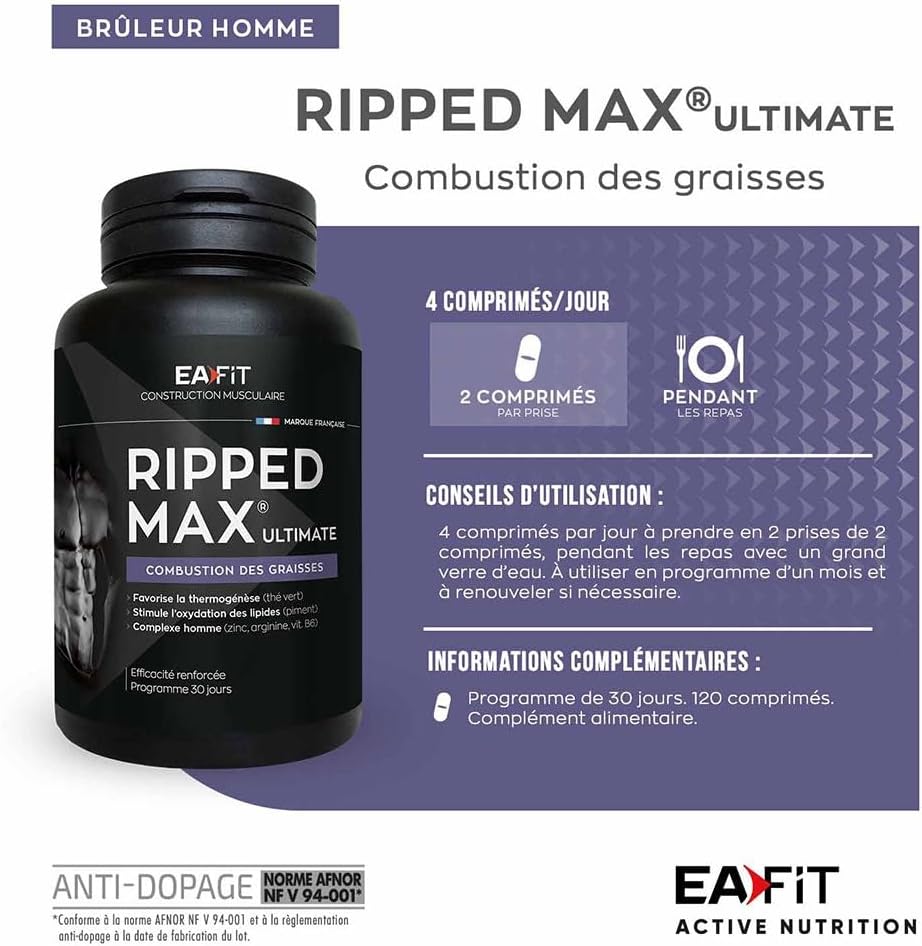 Ripped Max Ultimate - Burn activ, Bruleur de Graisses puissant sport - Formule complete-plante-vitamine-minéraux(zinc, chrome) - Cafeine et vitamine b6 pour l'énergie - 120comprimés 120 comprimés