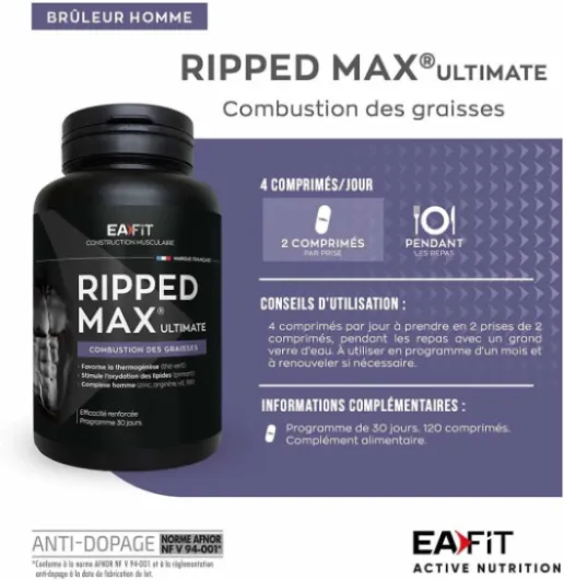 Ripped Max Ultimate - Burn activ, Bruleur de Graisses puissant sport - Formule complete-plante-vitamine-minéraux(zinc, chrome) - Cafeine et vitamine b6 pour l'énergie - 120comprimés 120 comprimés