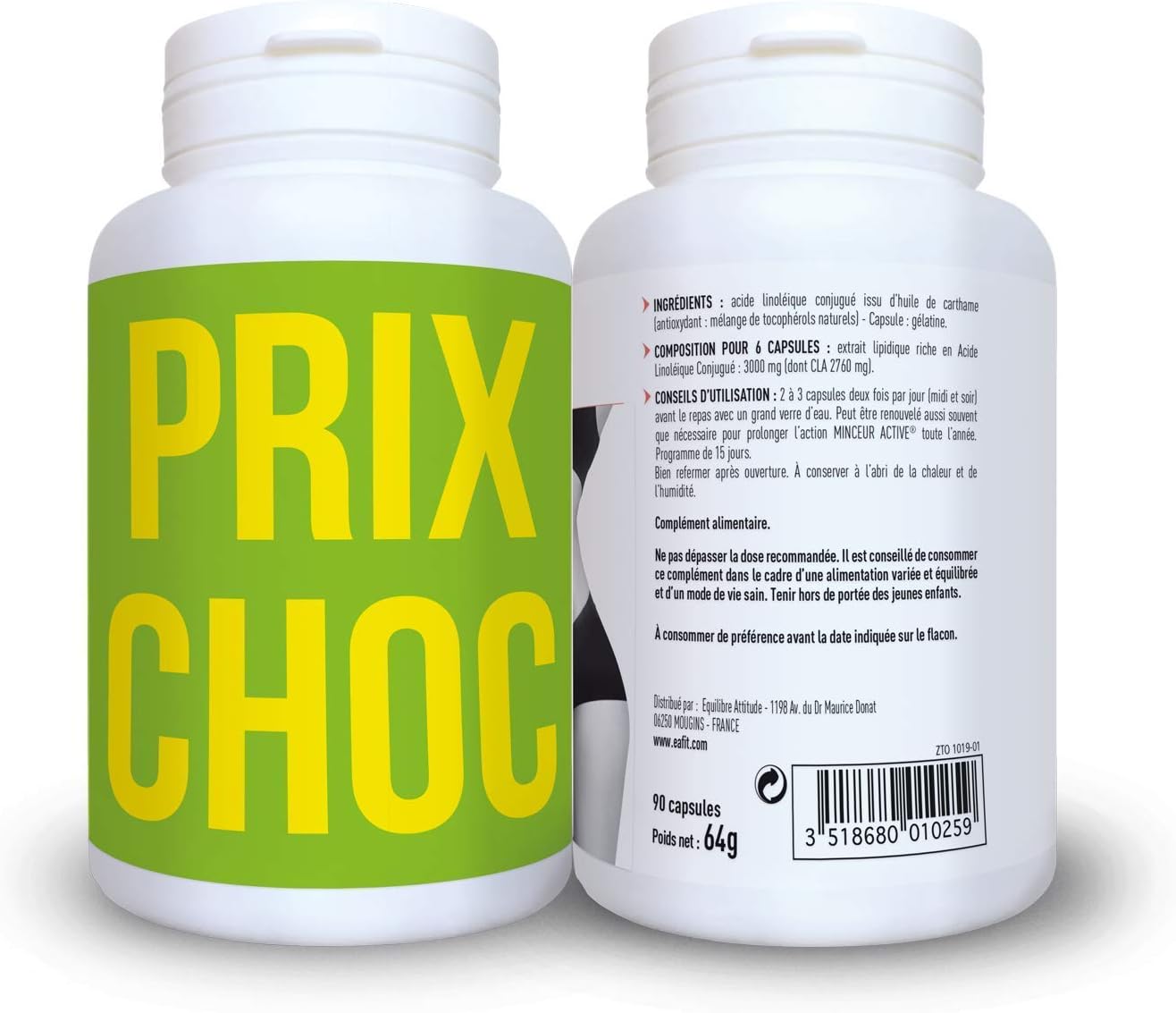 MINCEUR - Pure CLA DUO - Brule graisse raffermissant - Aide à affiner la silhouette - Limite la formation des tissus graisseux - Riche en CLA - 2x90 capsules - Complement alimentaire adapté au sport 180 unité (Lot de 1)