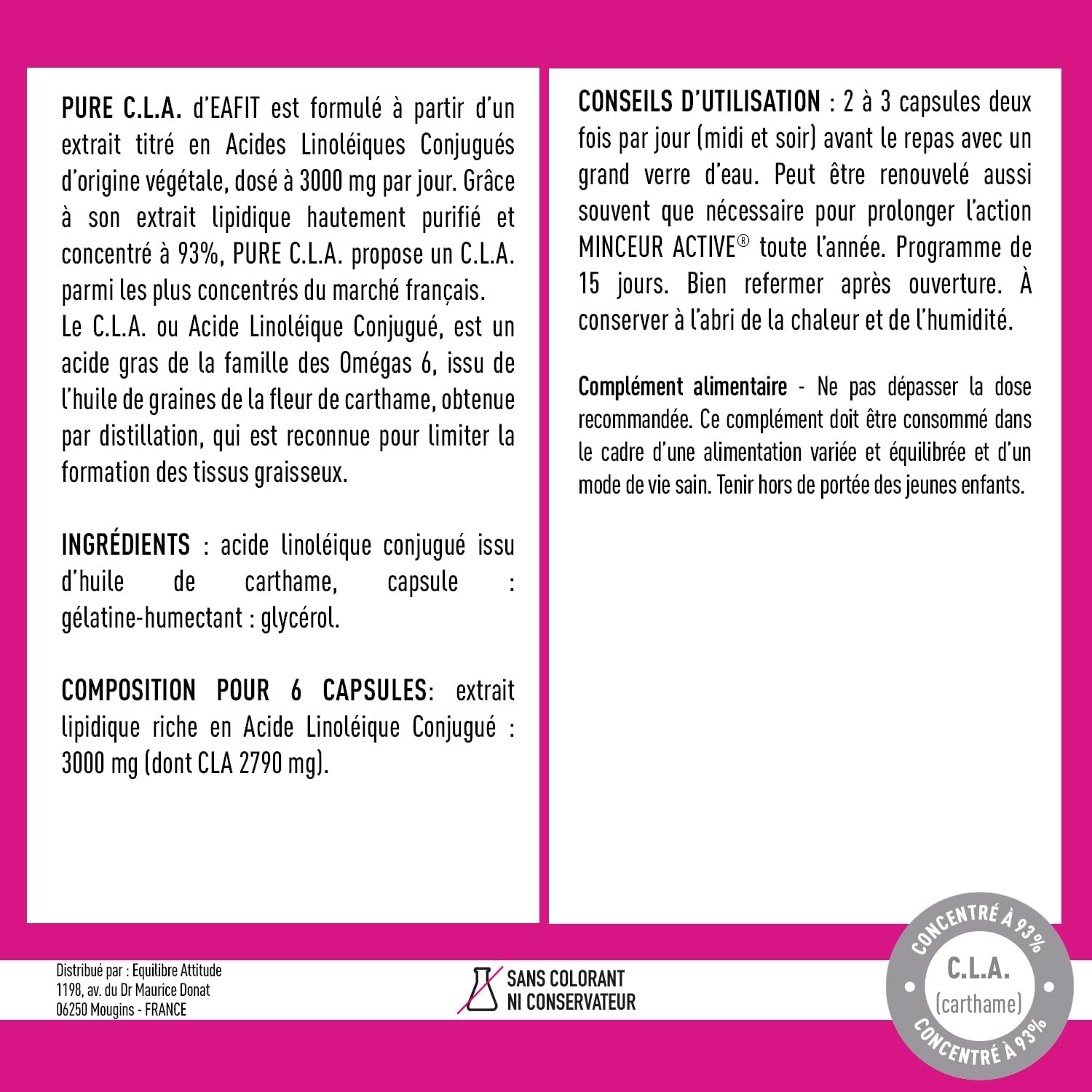 MINCEUR - Pure CLA - Brule graisse raffermissant - Aide à affiner la silhouette - Limite la formation des tissus graisseux - Riche en CLA - 90 capsules - Complement alimentaire adapté au sport 1 unité (Lot de 90)