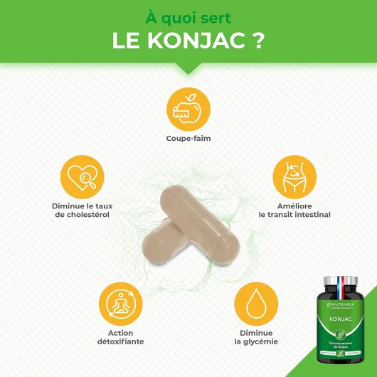 KONJAC PUR - Concentré à 95% en Glucomannanes - Coupe-Faim, Minceur & Perte de Poids - Detox, Régulation du Transit & du Taux de Sucre - 90 Gélules Vegan - Nutrimea - Fabriqué en France