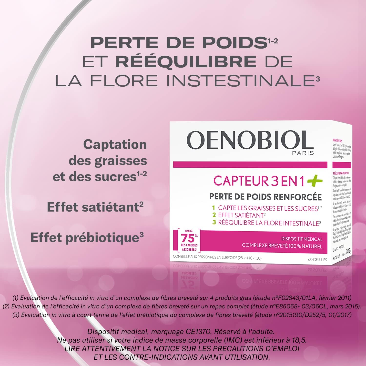 Dispositif Medical - Minceur - Capteur 3 en 1+ - Capte les Graisses et les Sucres(1)(2) - Effet Satiétant(2) - Rééquilibre la Flore Intestinale(3) - 1 Boîte de 60 Gélules