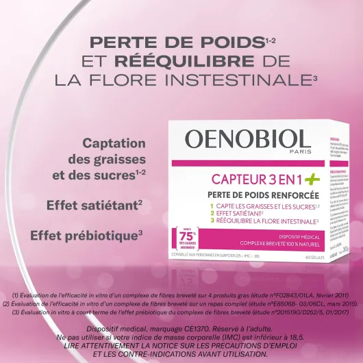 Dispositif Medical - Minceur - Capteur 3 en 1+ - Capte les Graisses et les Sucres(1)(2) - Effet Satiétant(2) - Rééquilibre la Flore Intestinale(3) - 1 Boîte de 60 Gélules