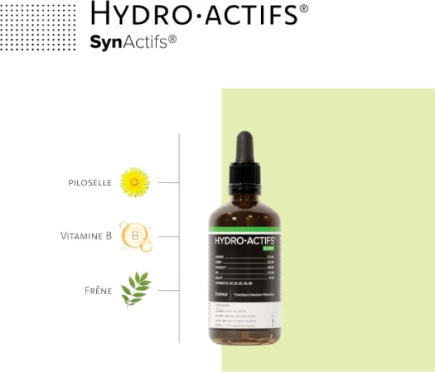 Hydroactifs - Saveur Fruits Rouge - Draineur, Circulation Sanguine - Vitamines B, Frêne, Pin Maritime - Cure 16 Jours