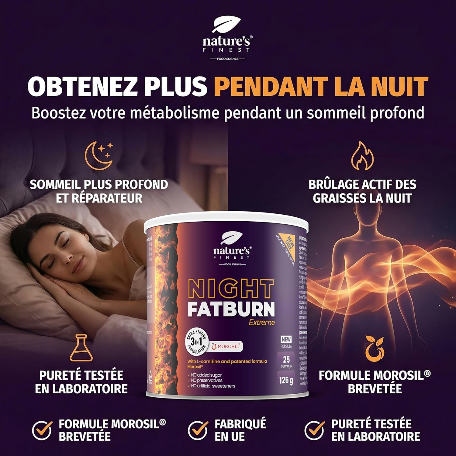 Nature's Finest by Nutrisslim Night Fatburn - Brûleur De Graisse Extrême (125 g) Avec Morosil (400 Mg) Pour La Perte De Poids, L-Carnitine Et Extrait De Vin Rouge - Valériane Pour Le Sommeil
