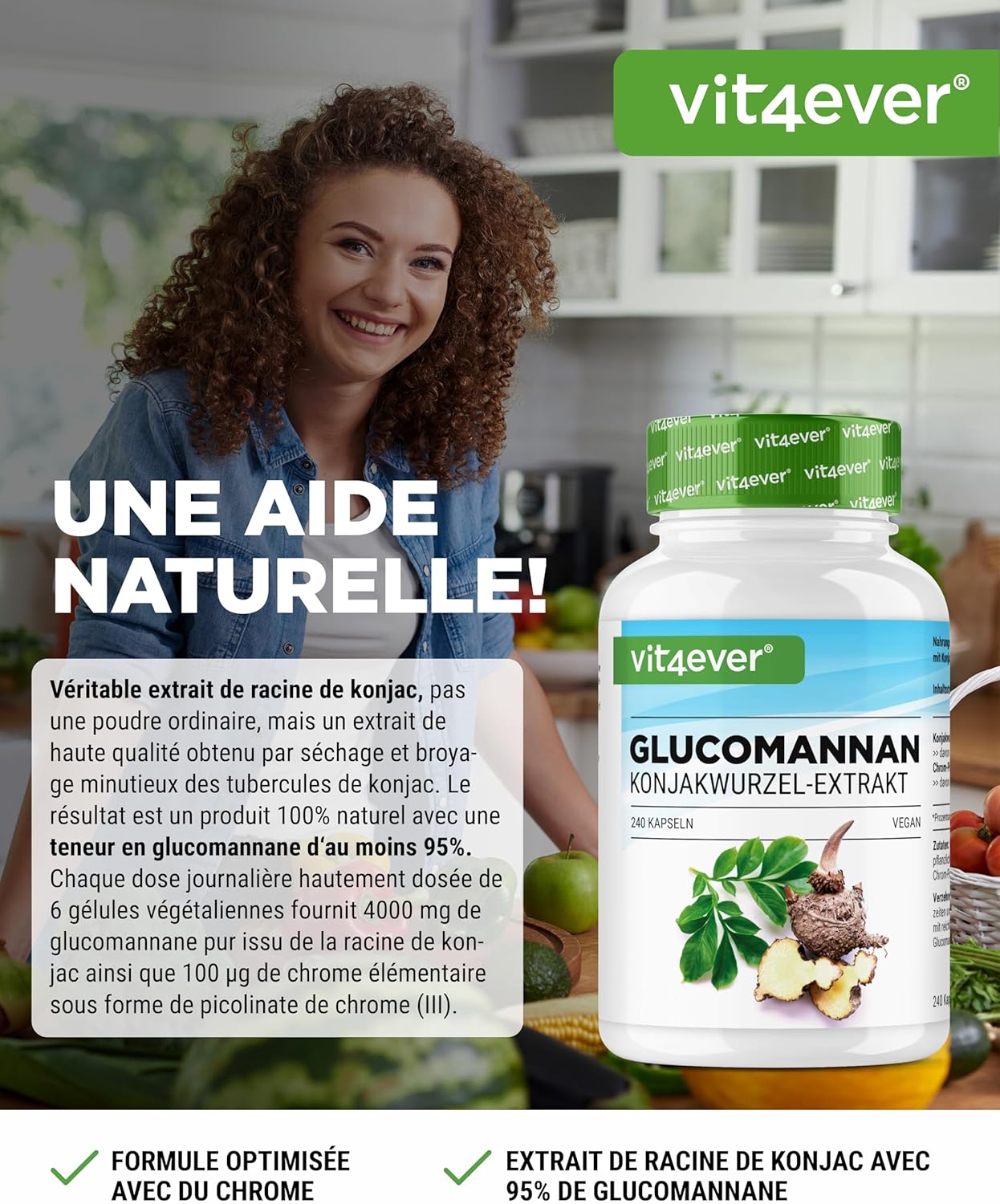 Glucomannane de la Racine de Konjac - 240 Gélules - Fortement Dosé avec 4200 mg par Portion Journalière - Optimisé avec du Chrome - Végétalien