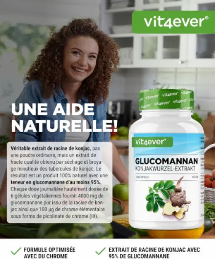 Glucomannane de la Racine de Konjac - 240 Gélules - Fortement Dosé avec 4200 mg par Portion Journalière - Optimisé avec du Chrome - Végétalien