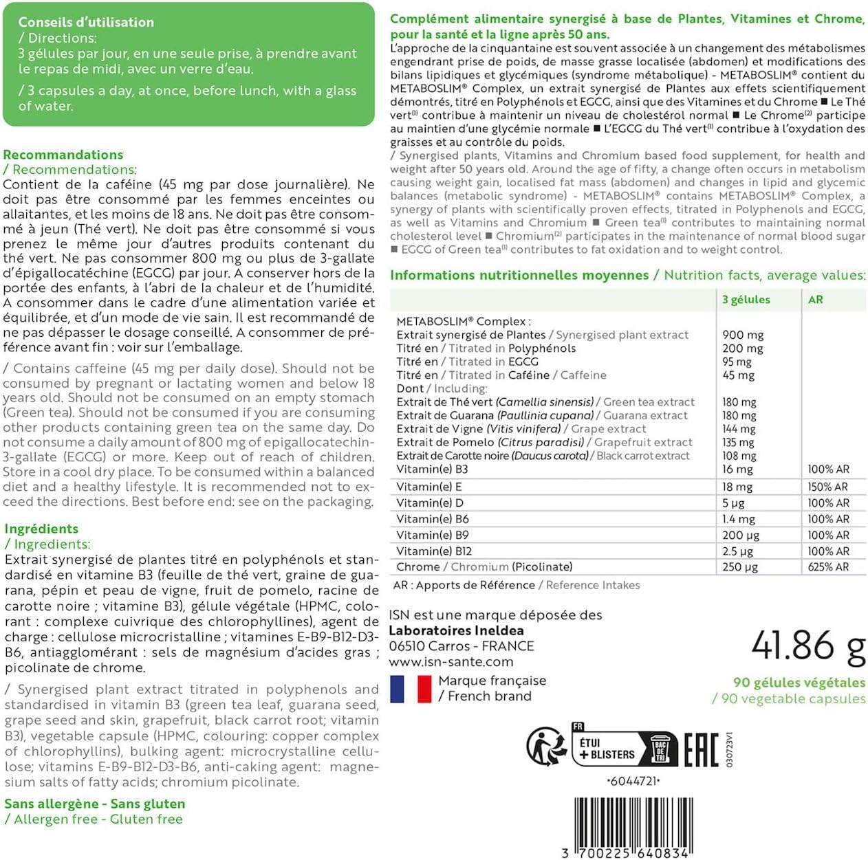 Metaboslim® - Favorise la Perte de Poids - Participe au contrôle de la glycémie et du taux de cholestérol - Extrait de plantes synergisé - Action cliniquement prouvée - Sans Allergène - Cure 30j Lot de 1