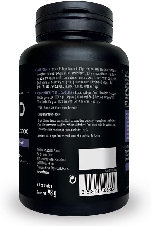 Ripped Max CLA 3000 - Bruleur de graisse puissant 3g CLA + Piment + Zinc +Vitamines B6 - Facilite la combustion des graisses lors des séances de sport - Pensé pour musculation - 60 Capsules Sans saveur 60 unité (Lot de 1)