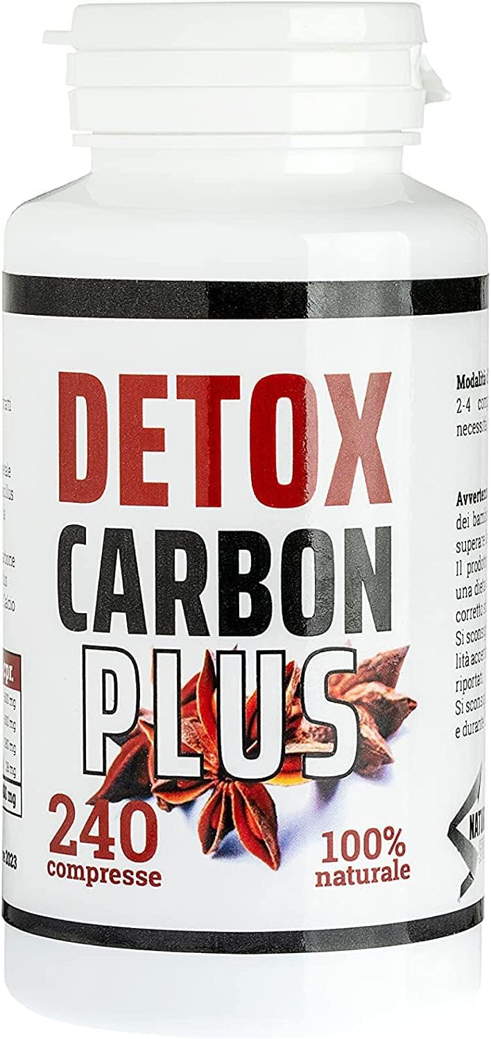 Détox Charbon XXL PLUS – Ventre plat 7 milliards UFC + enzymes digestives + fenouil + anis + charbon végétal pour éliminer gaz intestinaux – 240 comprimés Fabriqué en Italie