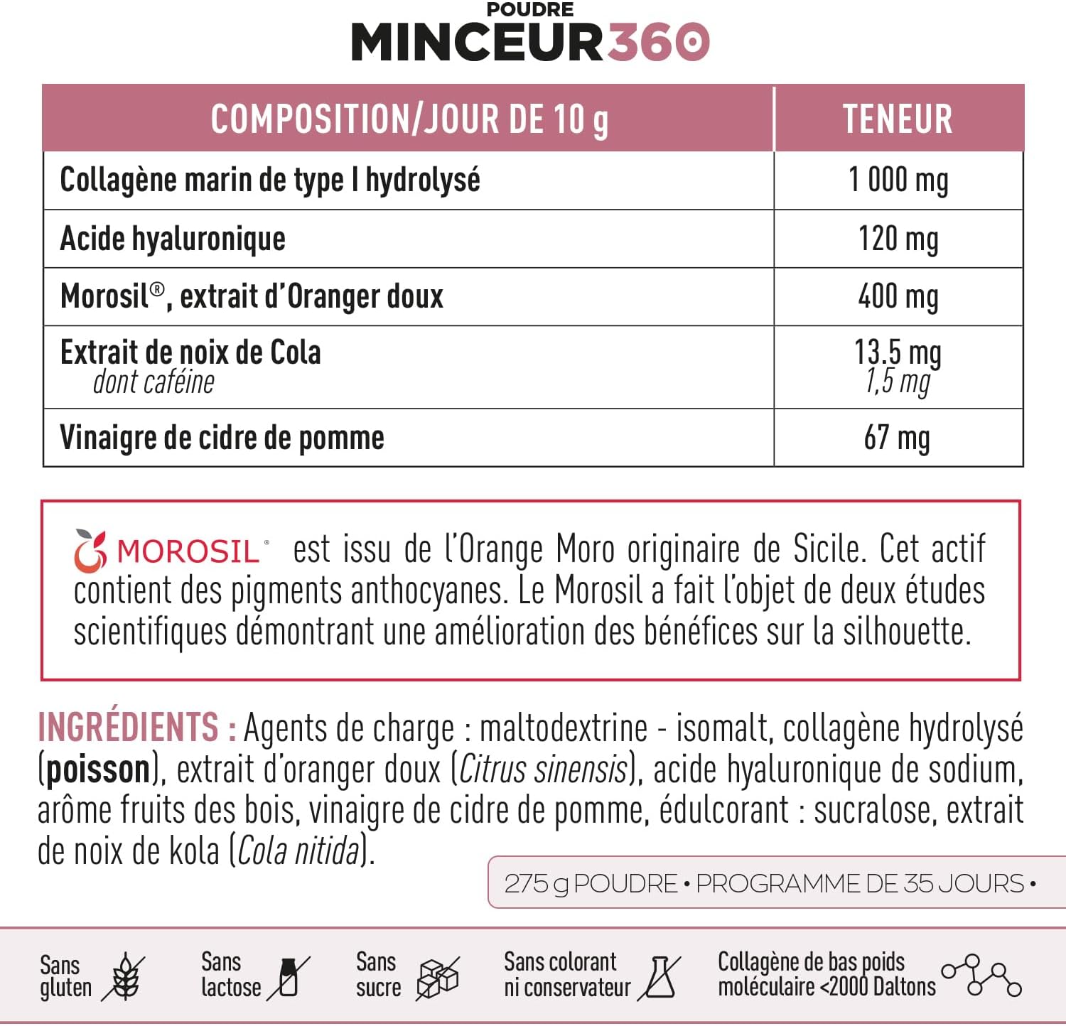 MINCEUR 360 MOROSIL - EAFIT - Morosil - Collagène Marin - Vinaigre de Cidre - Formule Minceur & Beauté - Goût Fruits Rouges - 1 mois Morosil Poudre 275g