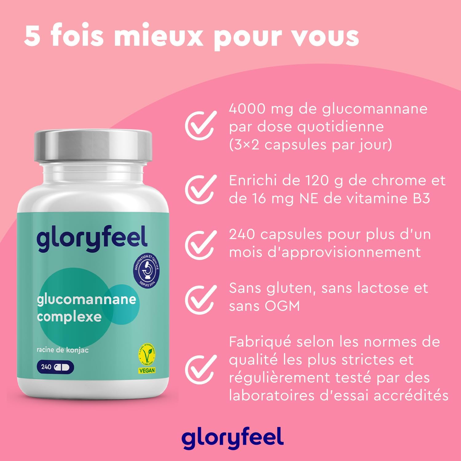 Konjac Coupe Faim 4000 mg/Jour, 240 Gelules Hautement Dosée avec Chrome et Vitamine B3, Fibre Végétale de la Racine de Konjac, Soutient une Cholestérolémie Normale*, Sans Additifs et 100% Végétalien